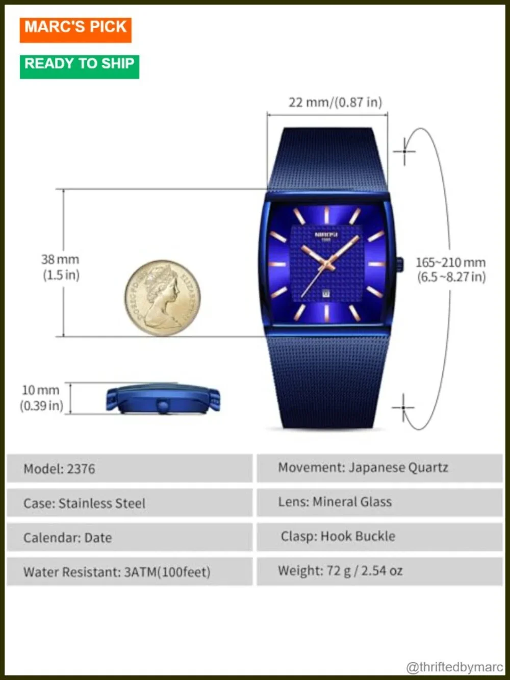 Men's Square Analog Quartz Stainless Steel Watch with Date Mesh Strap Water
